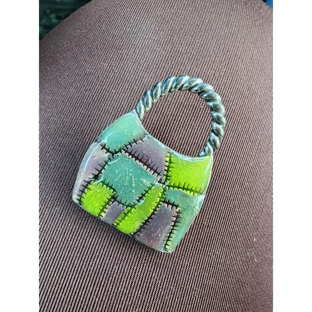 Vintage Signed AJMC Enamel Patchwork Purse Brooch Pin | Silver Tone Whimsical Ha